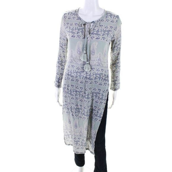 Calypso Saint Barth Womens Long Sleeve Silk Floral Tunic Shirt Gray Blue Size XS - Picture 1 of 6